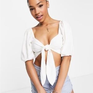 NWT Abercrombie & Fitch Linen Blend Tire front Bubble Sleeve white Crop Medium